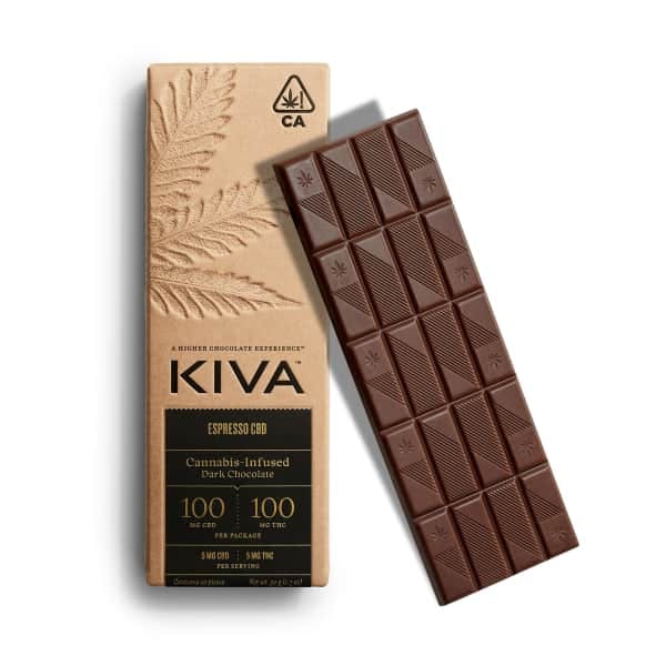 A bar of shiny dark chocolate from Kiva, with 100mg of CBD and 100mg of THC, with tasty espresso flavor.
