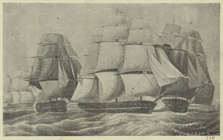 Lithograph of British naval ships in battle.