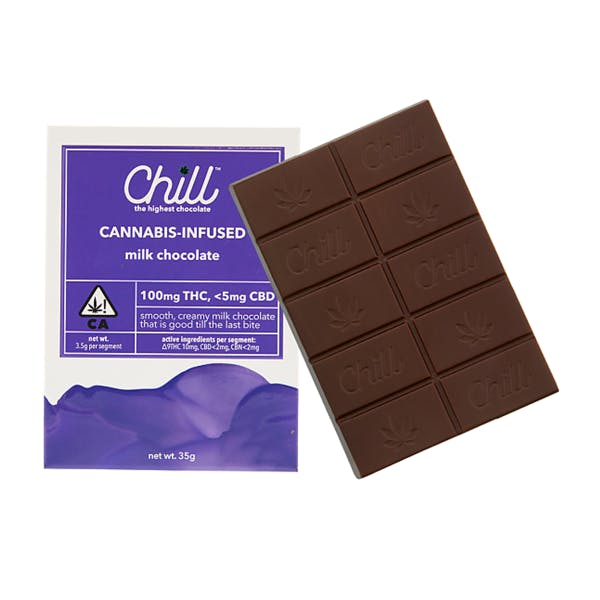 Chill cannabis infused milk chocolate in a bar of 10 squares. 