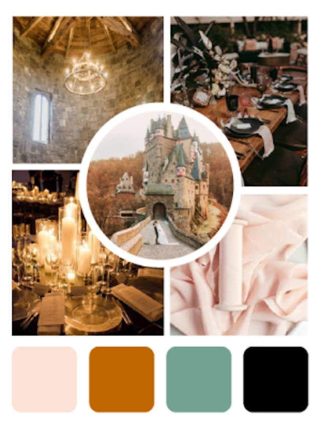 Mood board with images depicting a castle, chandelier, candlelit reception table, and a color palette with rust, pink, sea foam, and black. 