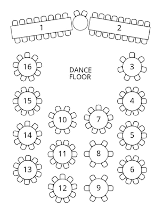 Reception site layout diagram depicting 16 round tables, the dance floor, two rectangle tables, and a round sweetheart table. 