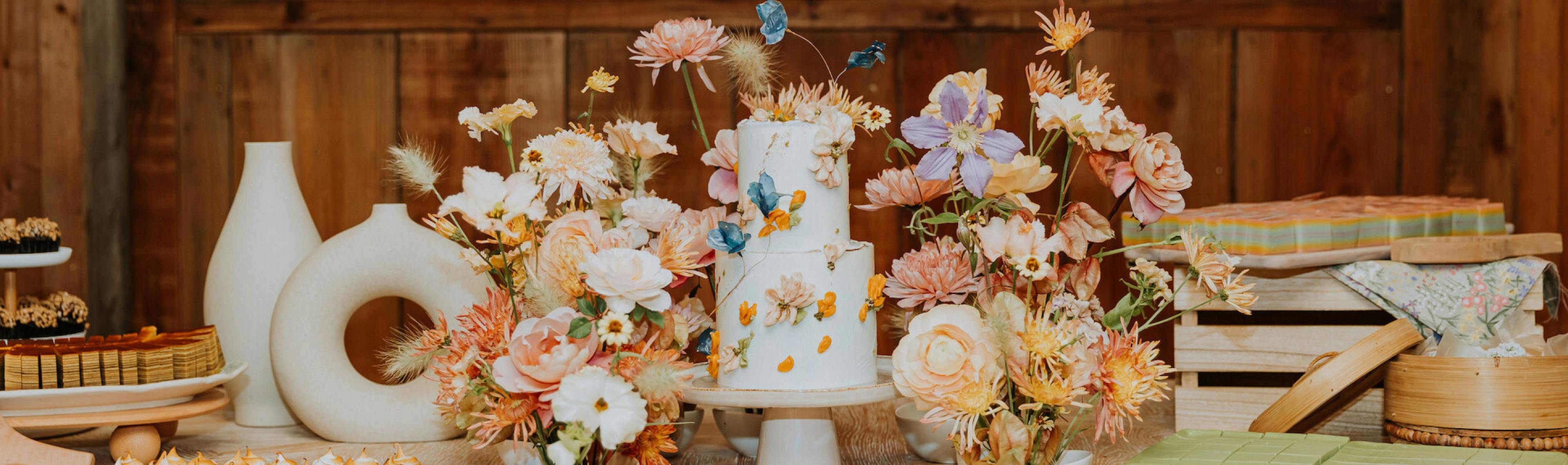 A dessert table featuring a cake, Indonesian Pastries, vases, and flowers.