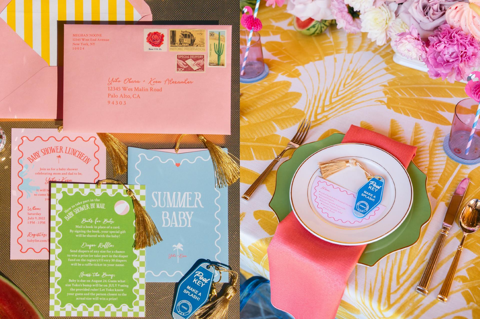 Two Images. The first image is a pink, green, and blue invitation suite for a summer baby shower. The second image is a vibrant table setting with pink and green plates, pink napkins, gold cutlery, yellow botanical linens, and pink glassware.