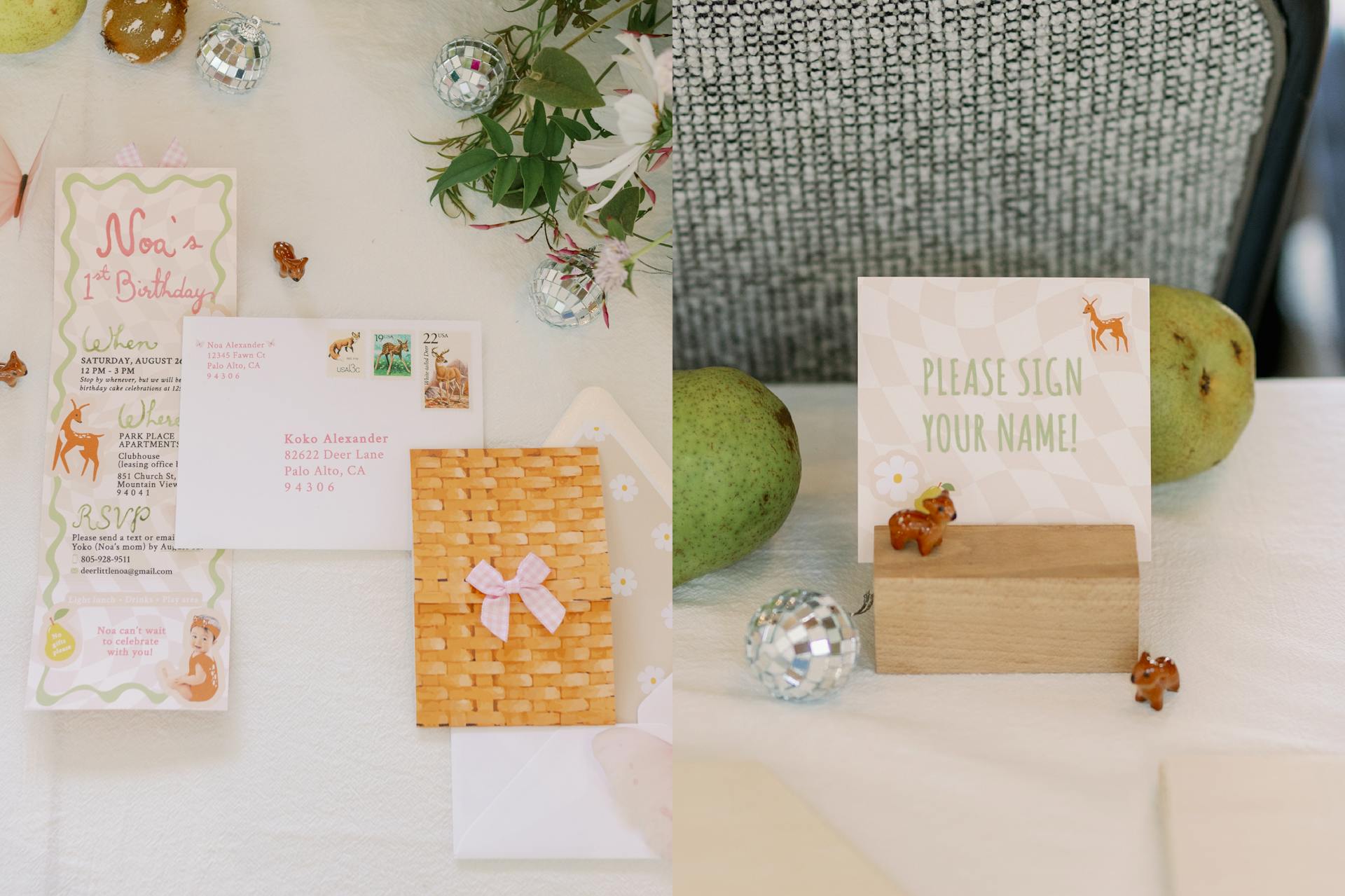 Two images. The first image is of an invitation for a deer-themed first birthday party. The second image is of a deer themed sign that reads "Please sign your name!".