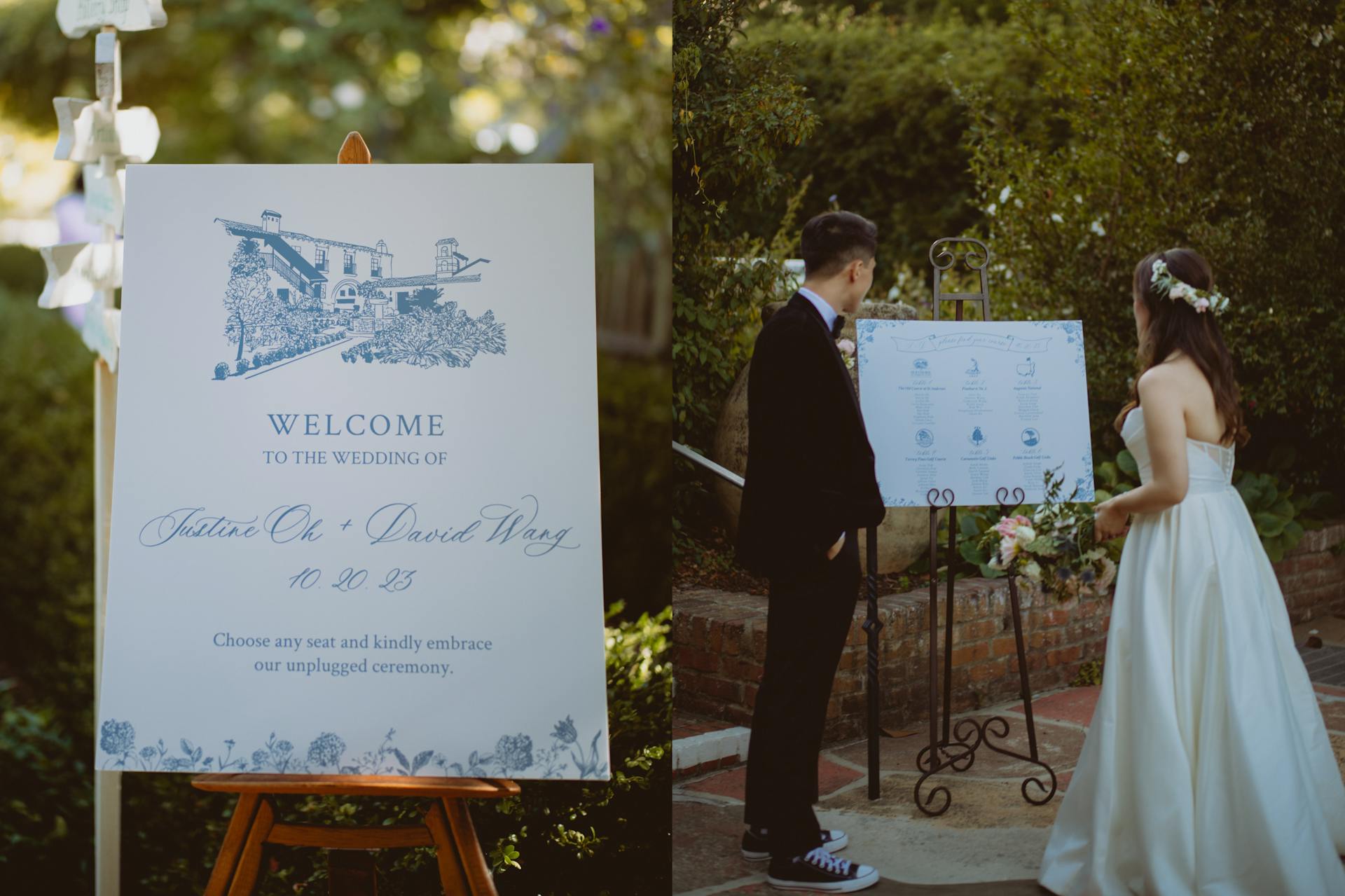 Two images. The first image is a close up of a blue and white welcome sign that depicts an illustration of the wedding venue and reads "Welcome to the wedding of Justine Oh + David Wang 10-20-23 Choose any seat and kindly embrace our unplugged ceremony." The second image is of the bride and groom looking at the blue and white seating chart.