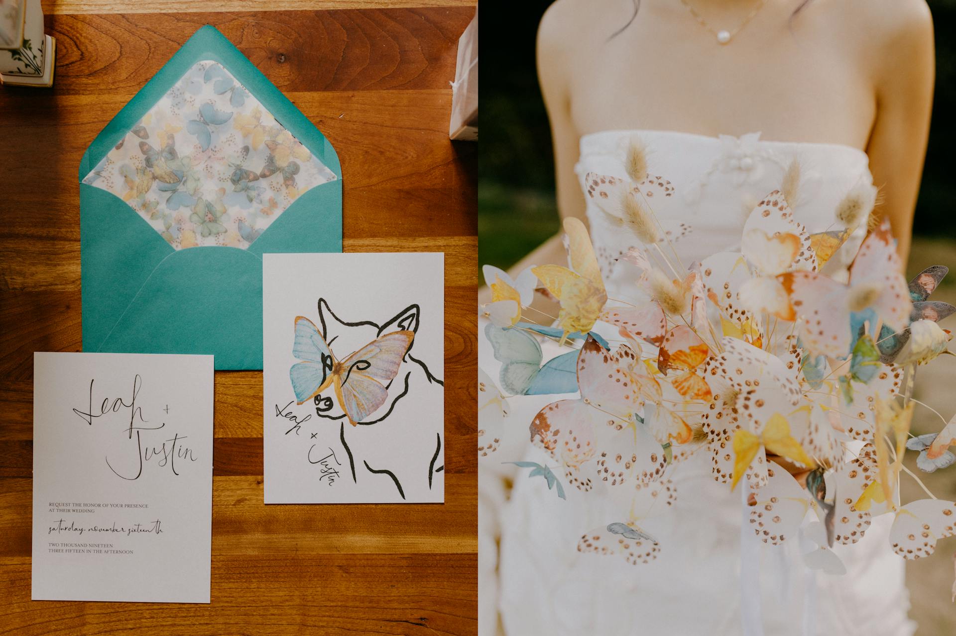 Two Images. The first image is of a wedding invites that read "Leah and Justin" featuring an illustration of a dog with a butterfly mask and a turquoise envelope with watercolor butterflies on the inside. The second image is a close up of a bride holding a bouquet of watercolor paper butterflies.