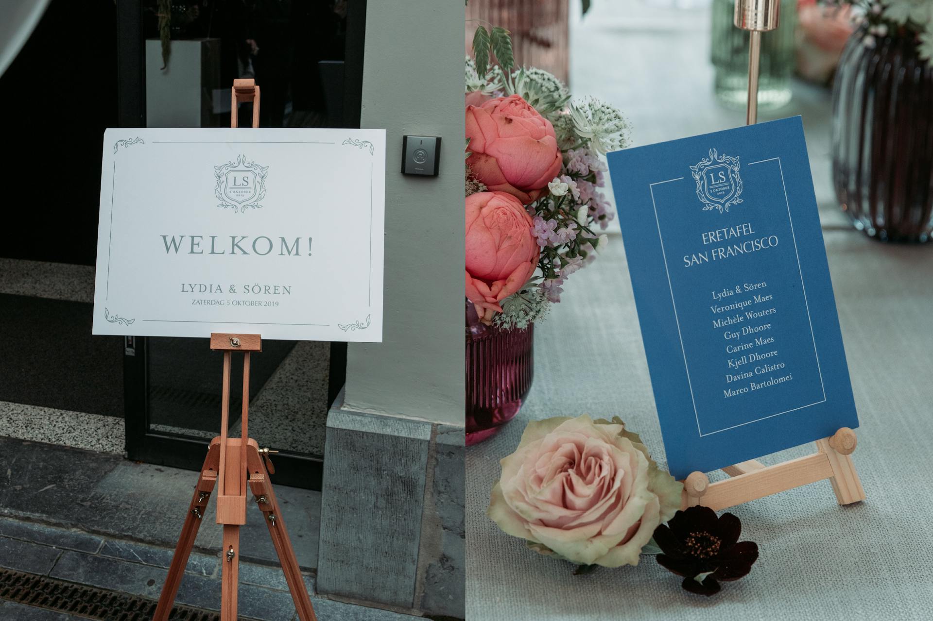 Two images. The first image is a welcome sign that reads "Welkom! Lydia & Soren" with an monogram that reads "LS." The second image is a blue table card that reads guests names next to a flower vase. 