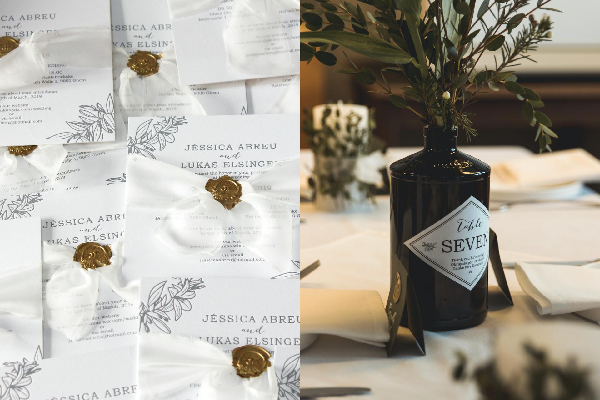 Two Images. The first image is a close up of white wedding invitations with floral illustrations wrapped in a white ribbons and sealed with gold wax. The second image depicts minimalistic table decor with greenery in a black bottle that has a label that reads "Table Seven."