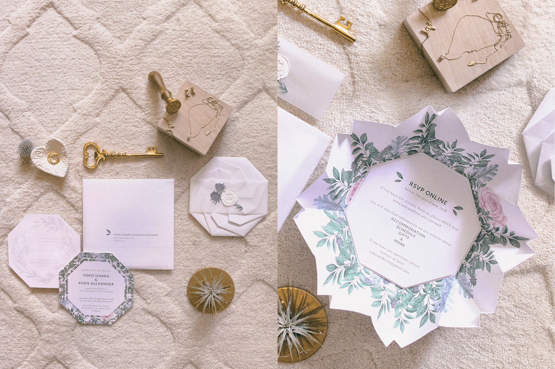 Two Images. The first image is a flat lay of an invitation suite with a gold key, wedding rings, jewelry, and a wax seal. The second image is a close up of the wedding octagon-shaped invite with illustrations of florals and greenery. 