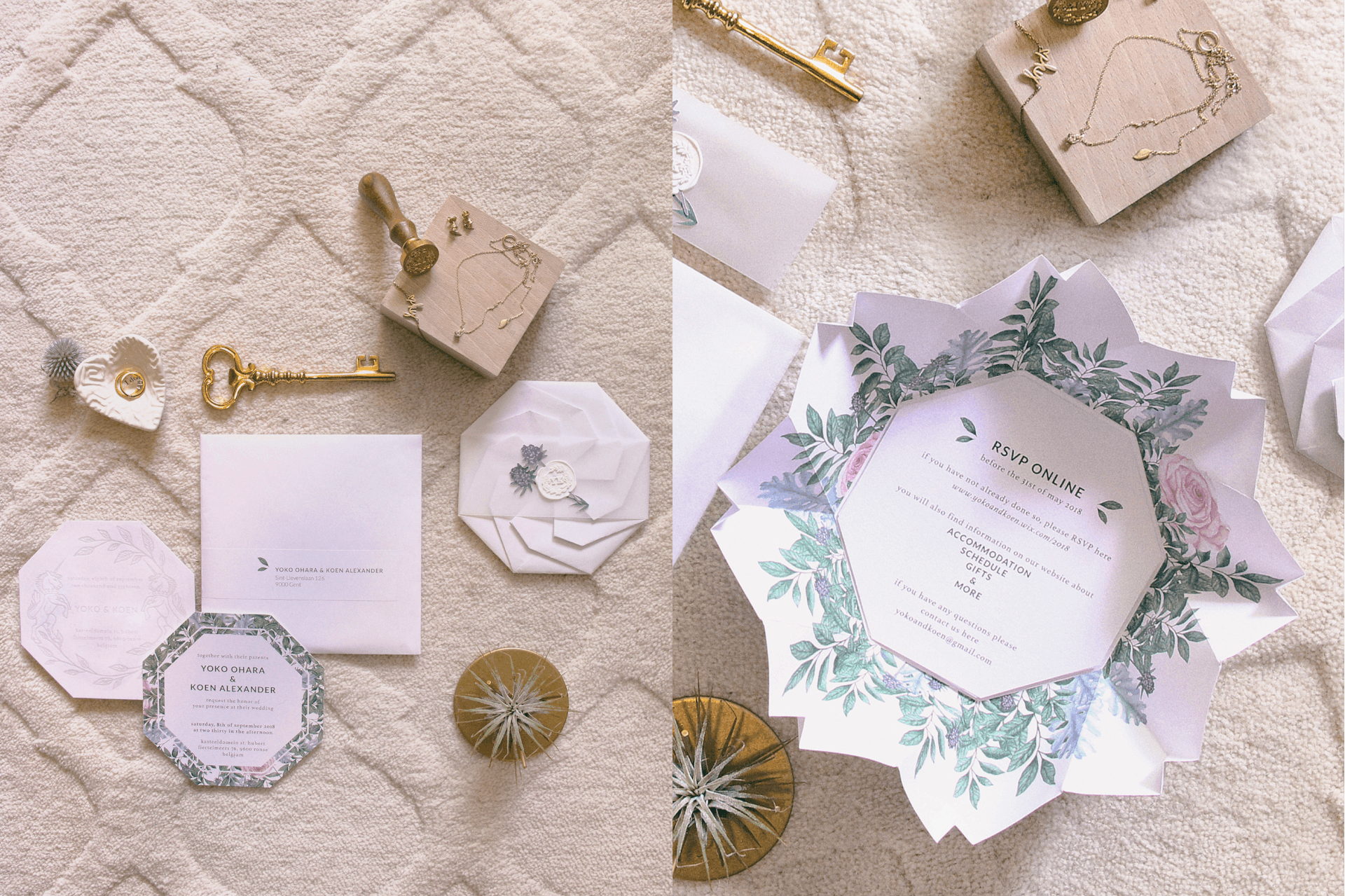 Two Images. The first image is a flat lay of an invitation suite with a gold key, wedding rings, jewelry, and a wax seal. The second image is a close up of the wedding octagon-shaped invite with illustrations of florals and greenery.