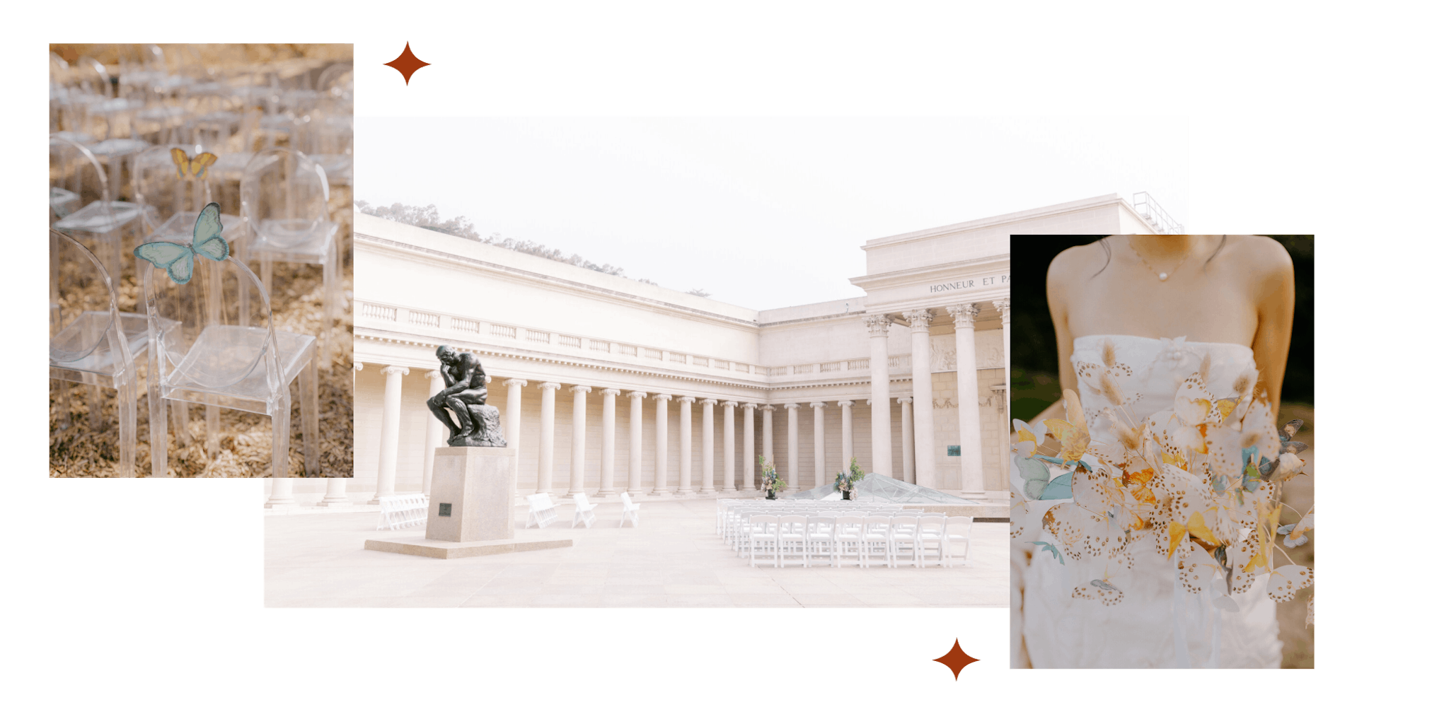 A collage of three images. The first image is a close up of a bride holding a bouquet of watercolor paper butterflies. The second image depicts a ceremony set up in the courtyard of the Legion of Honor in San Francisco next to a statue of The Thinker. The third image is a close up of ceremony chairs with paper watercolor butterflies on the backs of the chairs.