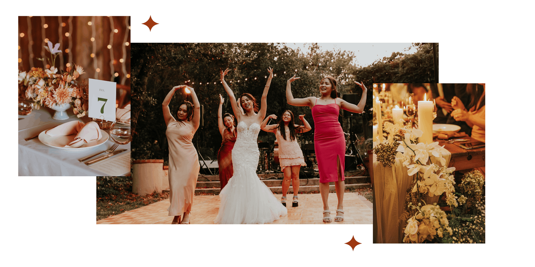 Three photos in a collage. The first image is table setting with a floral arrangement and a table number that reads "7" with twinkle lights in the background. The second image is a bride and her bridesmaids performing a choreographed dance on an outdoor dance floor. The third image is of a reception table adorned with candles and draped with a table runner and florals.