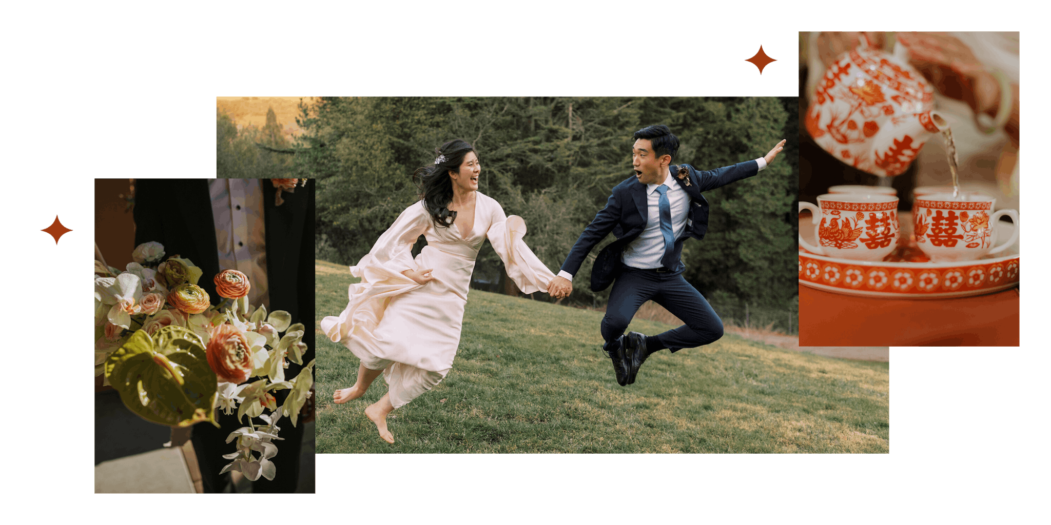 A collage of three images. The first image is a close up of bride and groom holding a bouquet in the sunlight. The second image is of a joyful bride and groom holding hands while jumping and clicking their heels together in a grassy field. The third image is close up of a person pouring tea into a cup with a red and white tea set, depicting a double happiness sign.