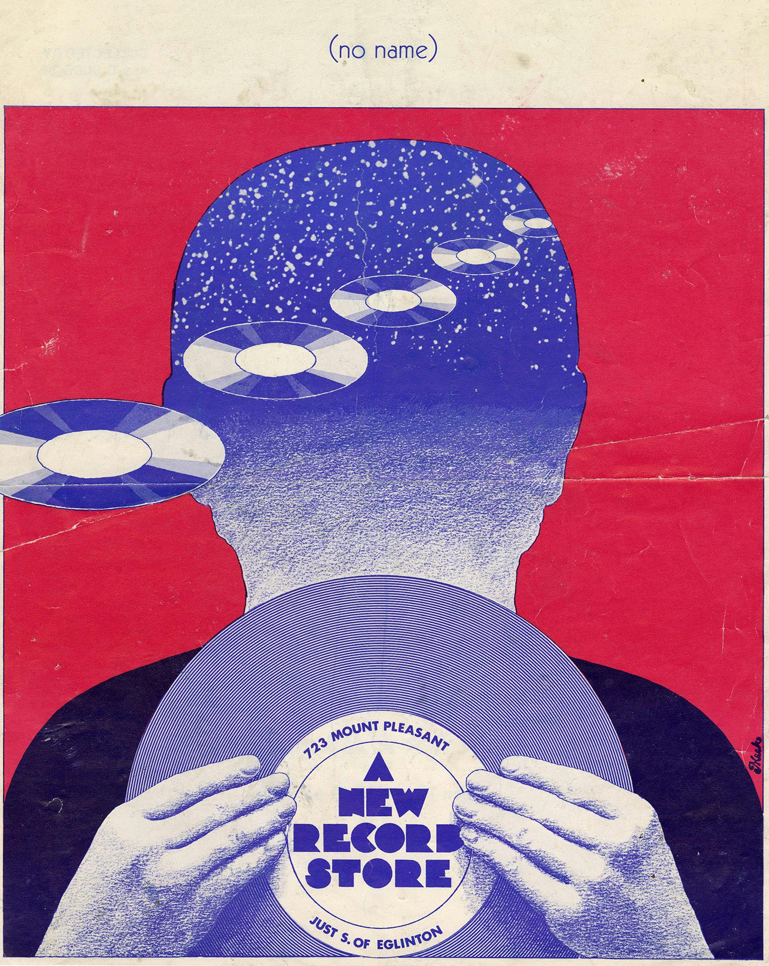 Vintage design of figure holding record reading A new Record Store and vinyl discs floating into the figure's head