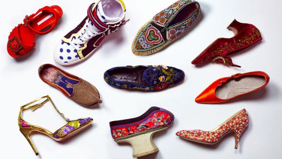 A collage of colourful shoes.