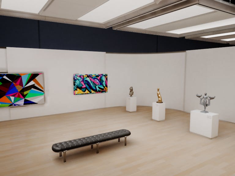 3D render of a bright white art gallery with paintings on the walls and sculptures