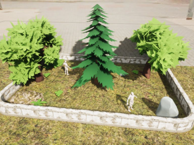 3D render of 3 trees and 2 men within a walled garden