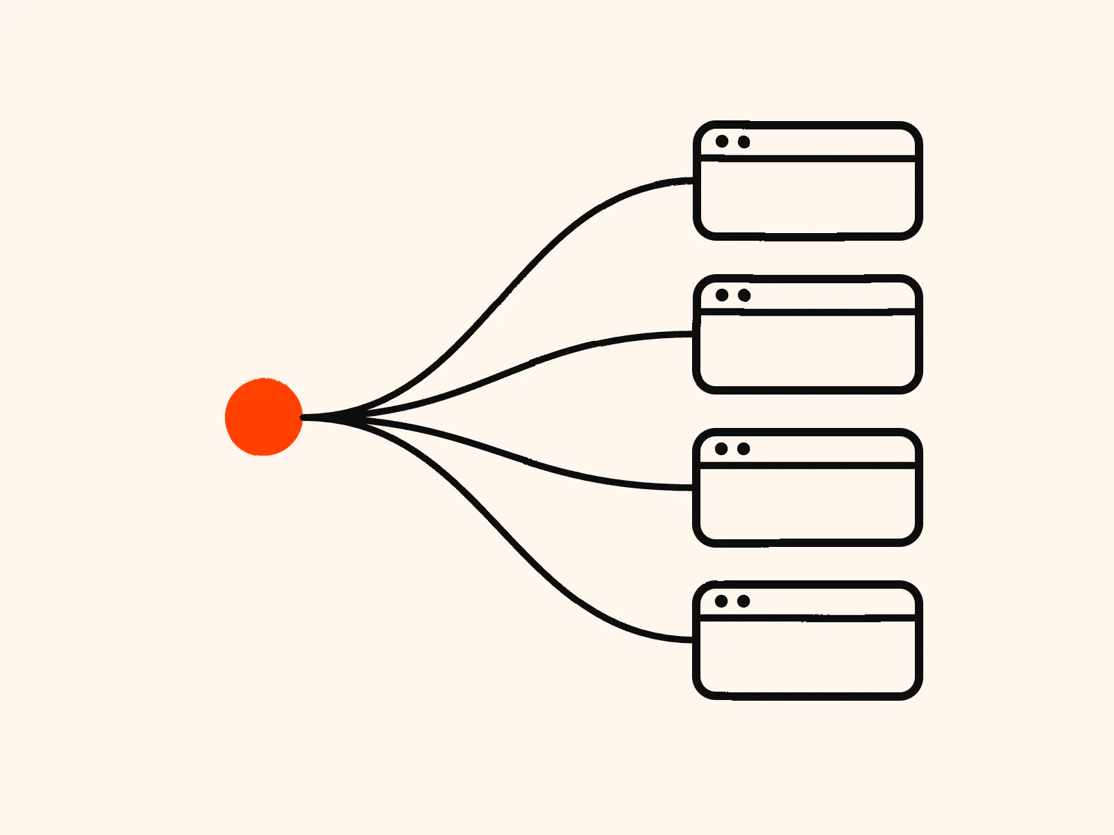 Illustration of one orange dot branching out to four browser windows, for an article on server-side tracking for agencies
