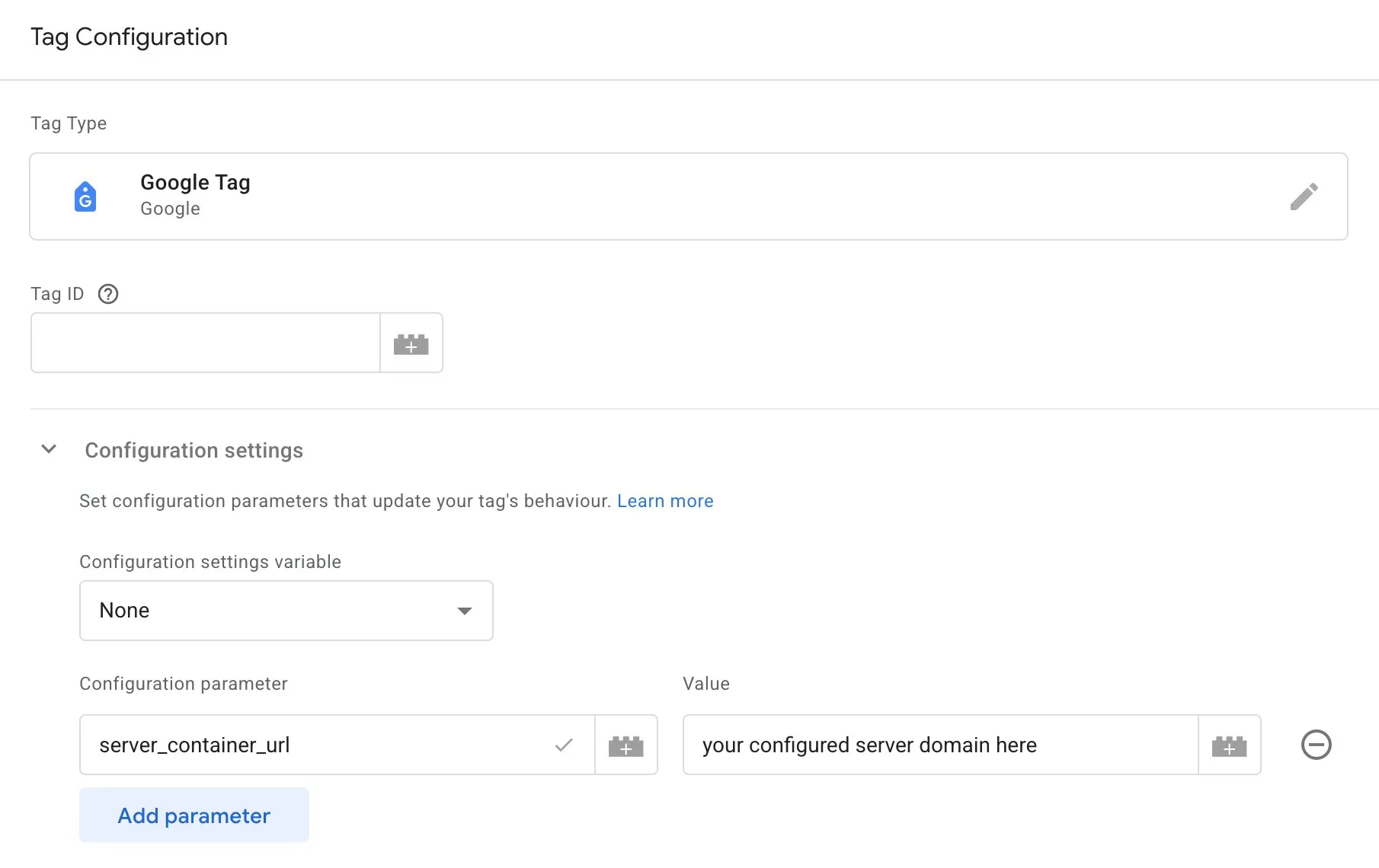 Google Tag Configuration set up screen