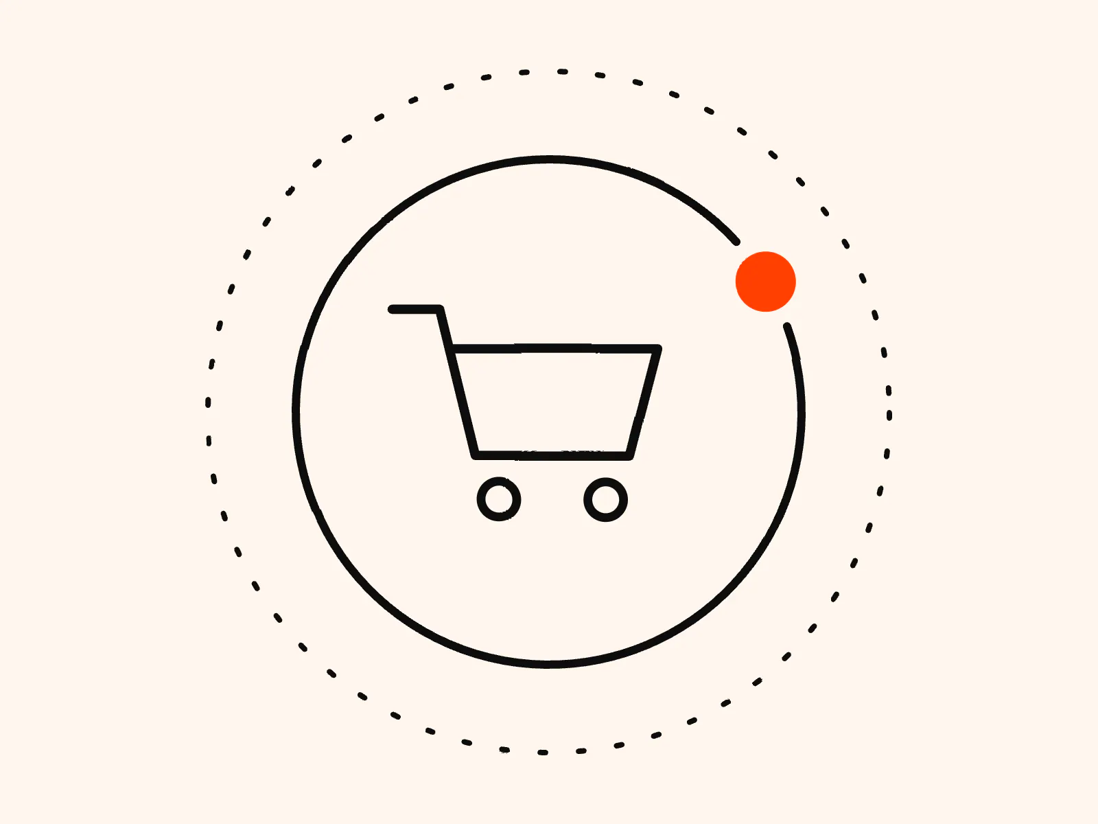 Illustration of a shopping cart inside a dotted orbit, for a WooCommerce server-side tracking guide