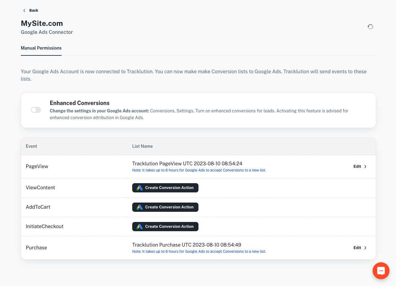 Google Ads Connector, Conversion Action list view