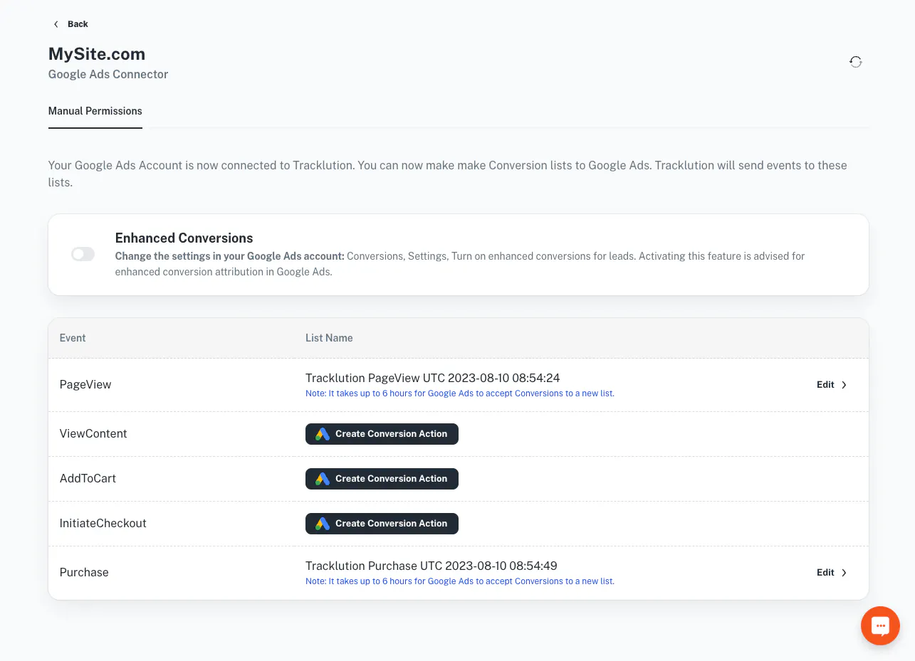 Google Ads Connector, Conversion Action list view