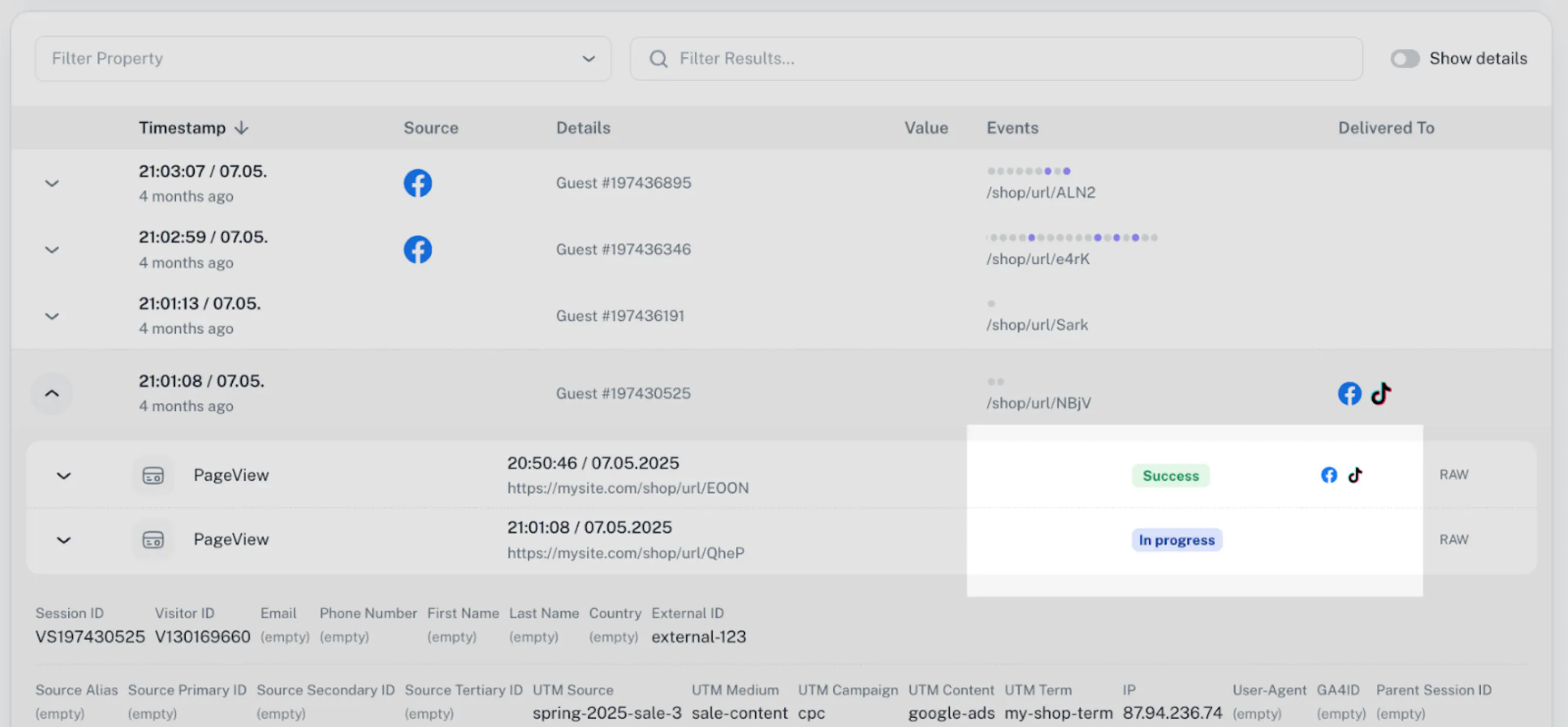 Example of Tracklution event delivery status
