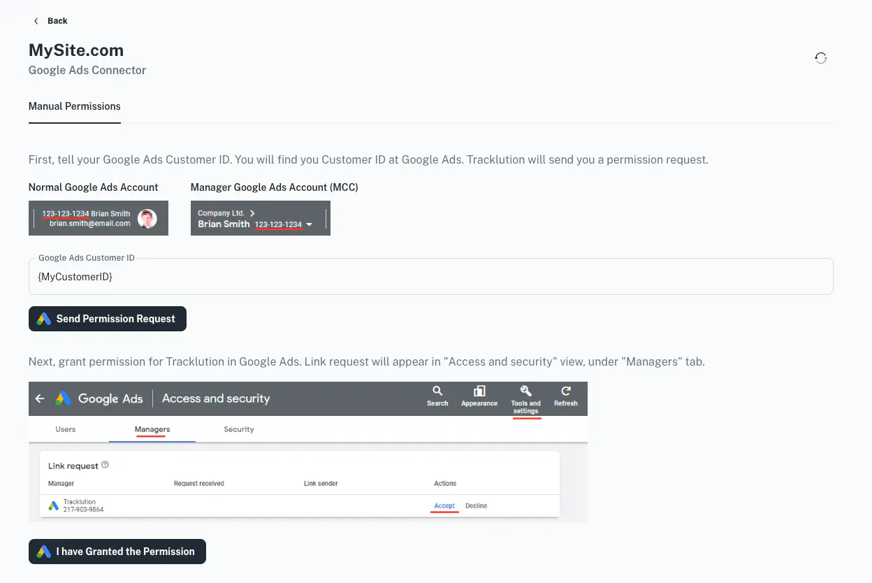 Add your Google Ads Account ID and grant permission