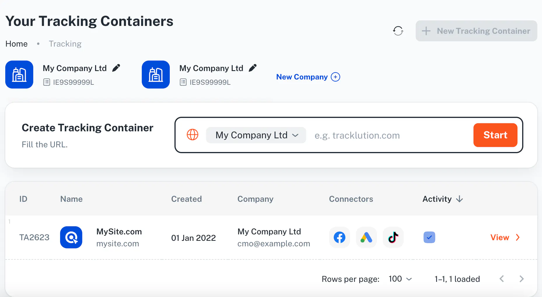 Tracklution container creation interface