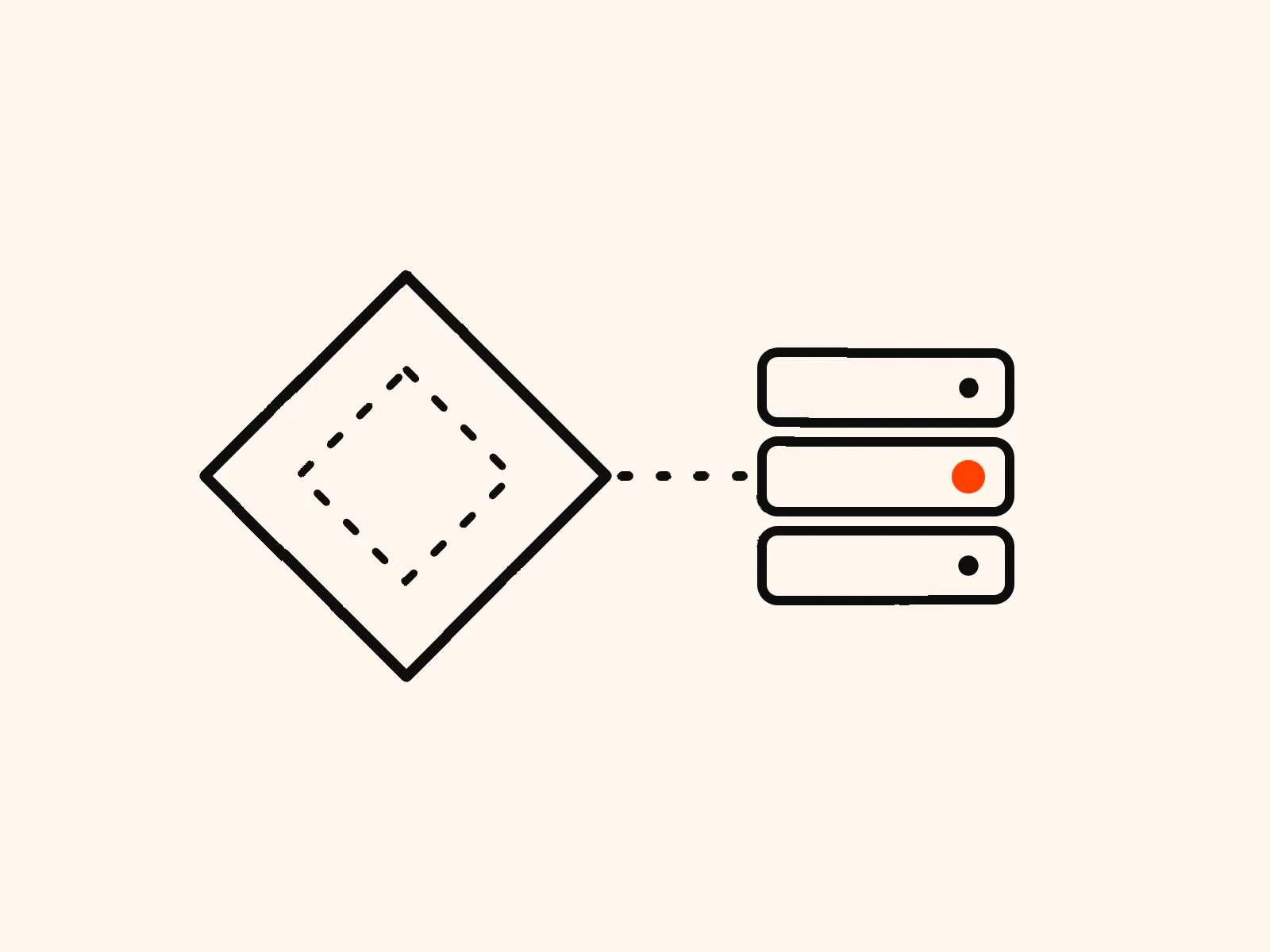 Illustration of a tag manager diamond linked by a dotted line to a server stack, for an article on the Tracklution GTM template built by Simo Ahava