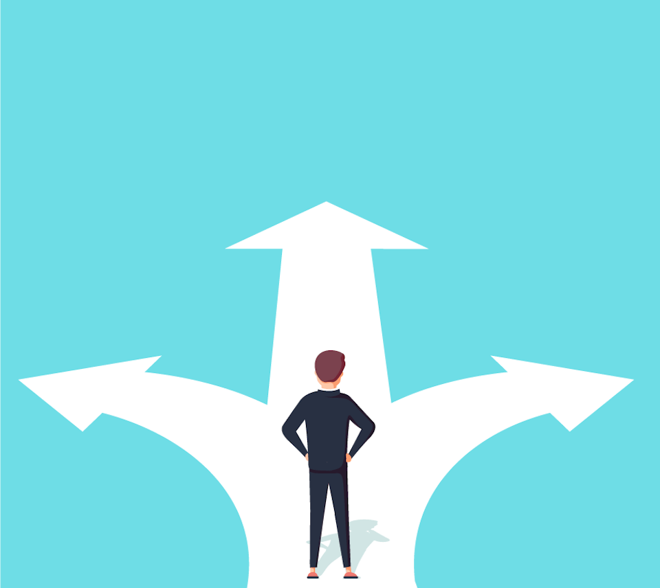 An illustration showing a male caricature standing in front of three arrows points which are pointed in different directions.