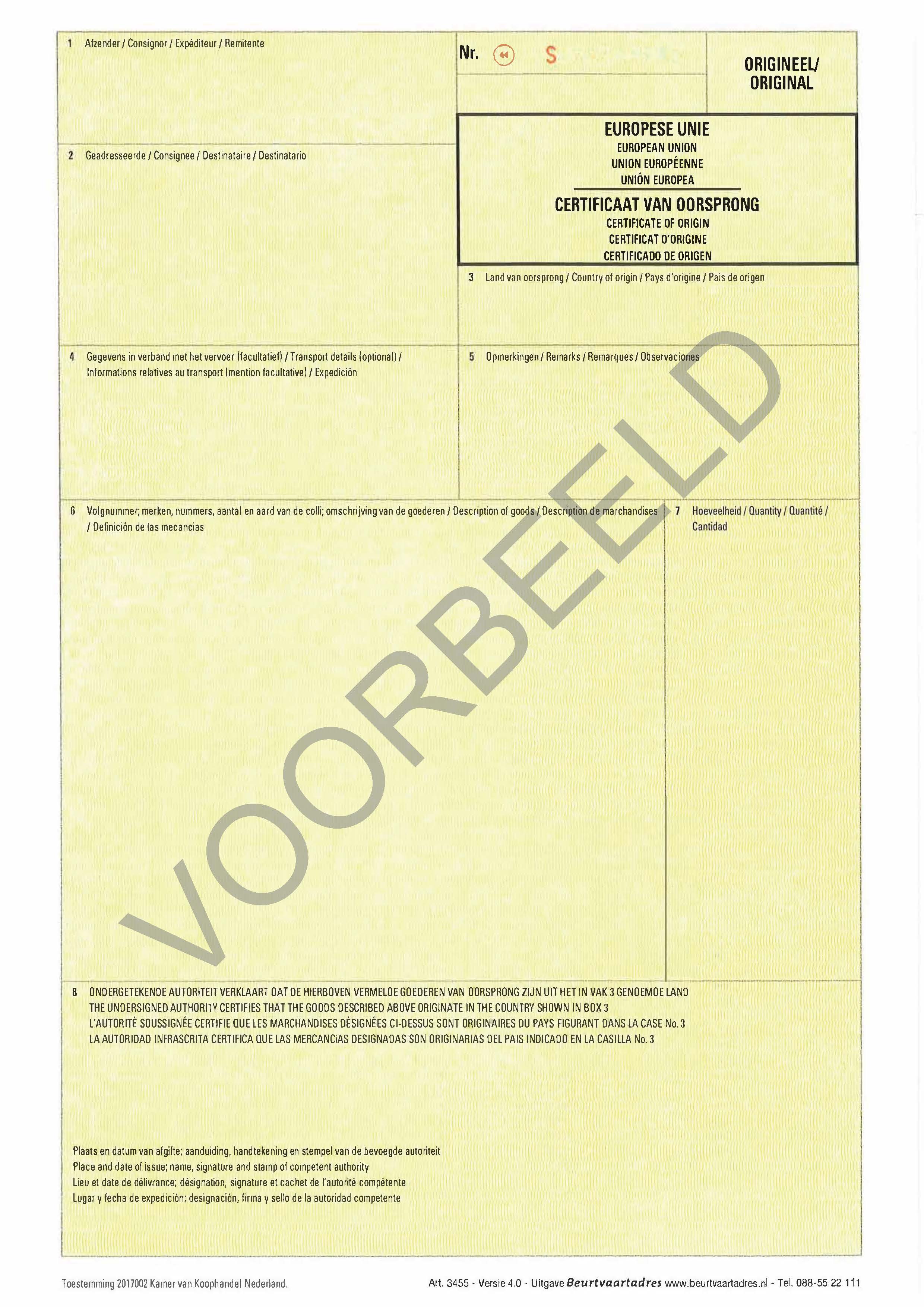Certificaat van Oorsprong voorbeeld