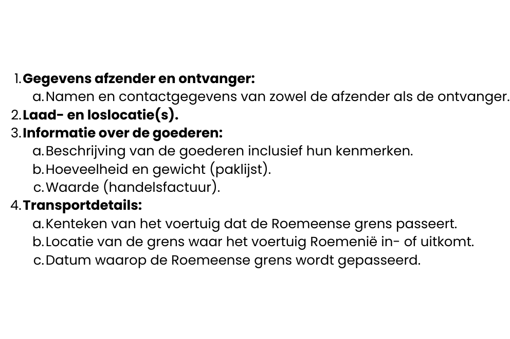 Gegevens voor aanmelden zending via RO e-transport systeem