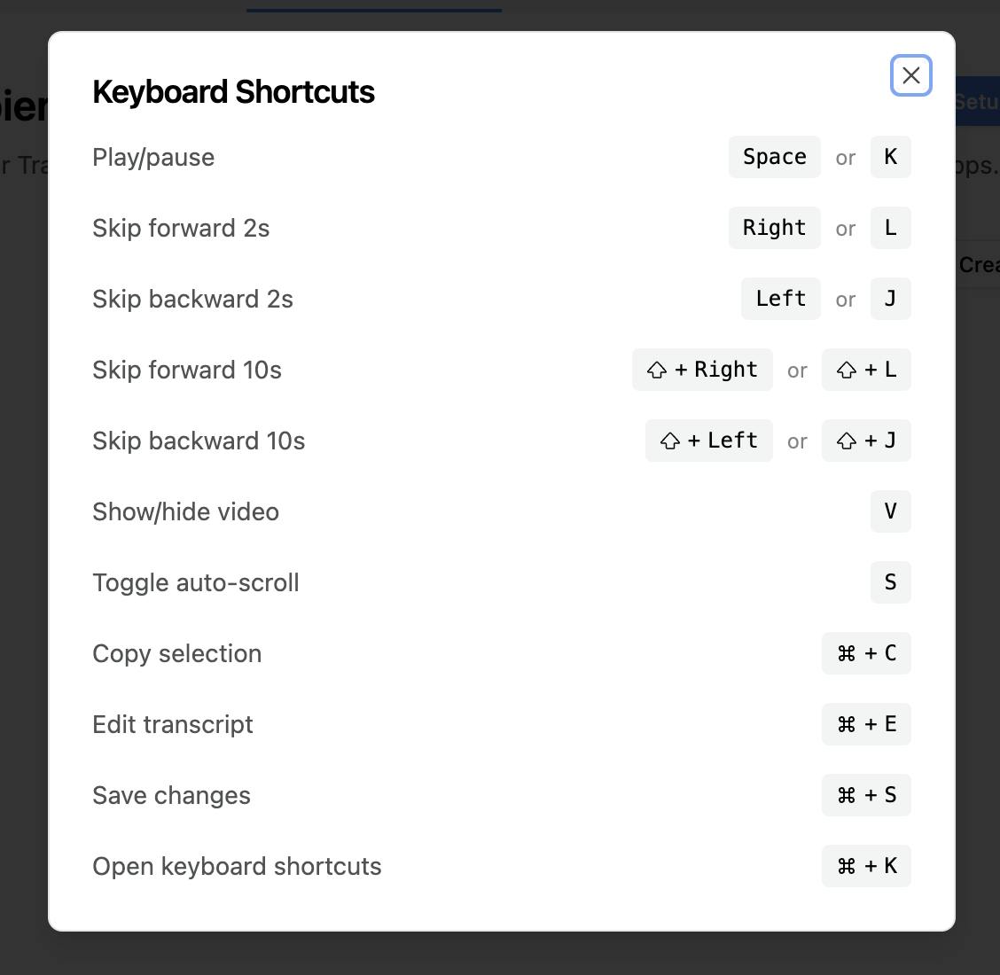 Keyboard shortcuts list