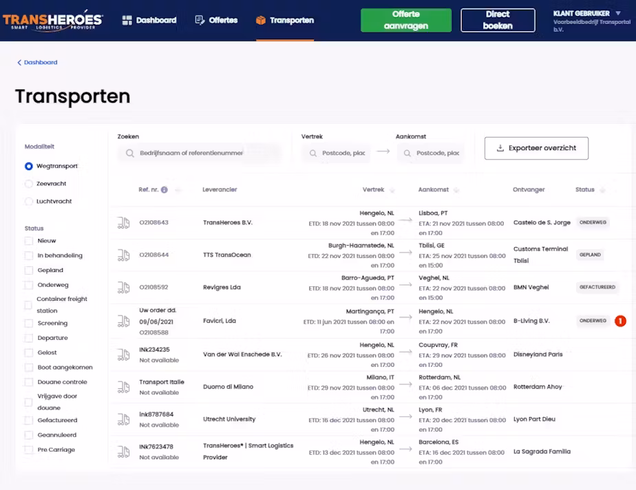TransPortal wegtransport overzicht
