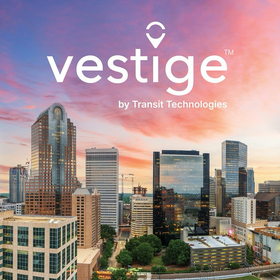 Vestige logo over cityscape