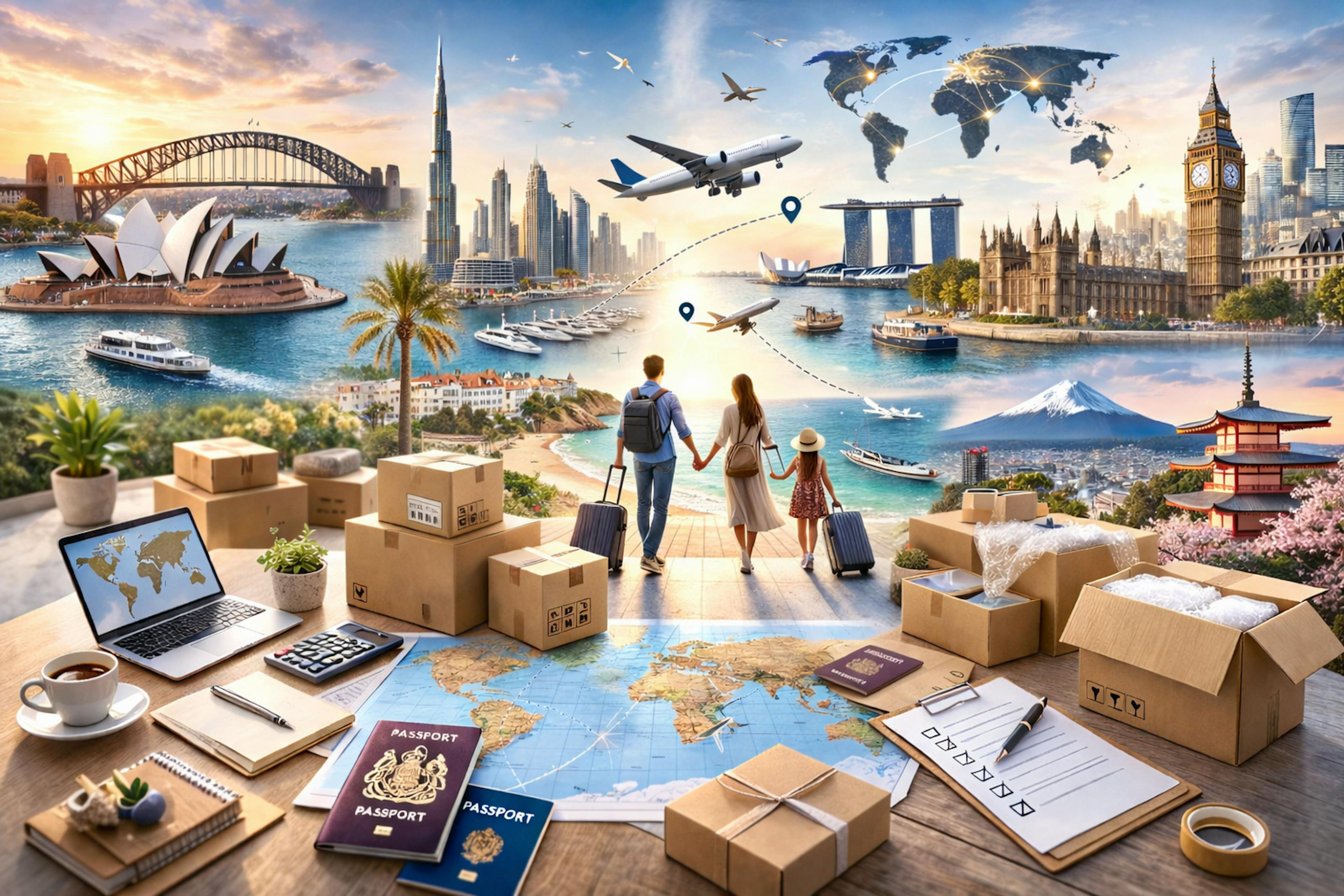 家庭準備海外搬遷，搬家紙箱、護照及全球城市地標