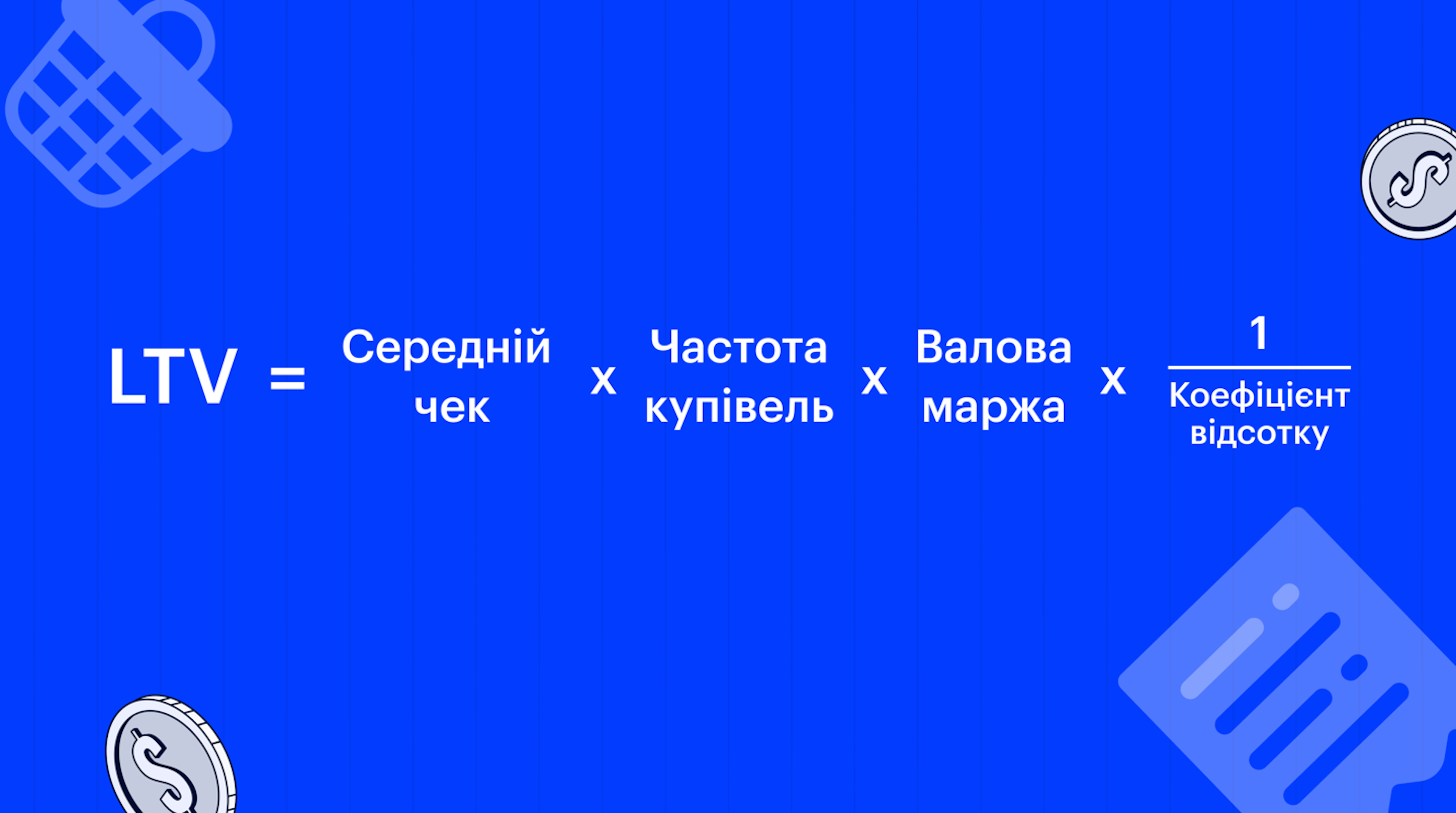 Lifetime Value = Середній чек (AOV) × Частота купівель (F) × Валова маржа (GM) × 1 / коефіцієнт відтоку (CR)