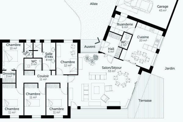 Plan d'une maison d'architecte de plain pied