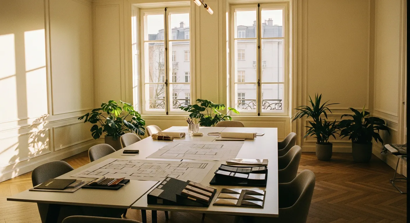 Salle de réunion avec plans de rénovation immobilière