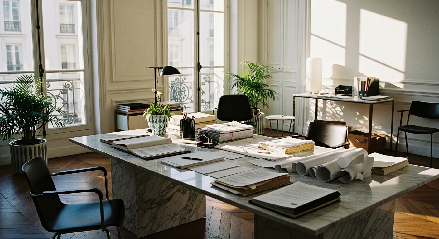 Bureau avec documents fiscaux et plans immobiliers pour marchands de biens