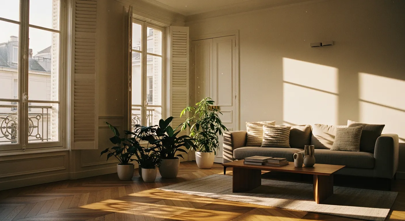Salon d'appartement haussmannien rénové avec parquet en chevrons et grandes fenêtres