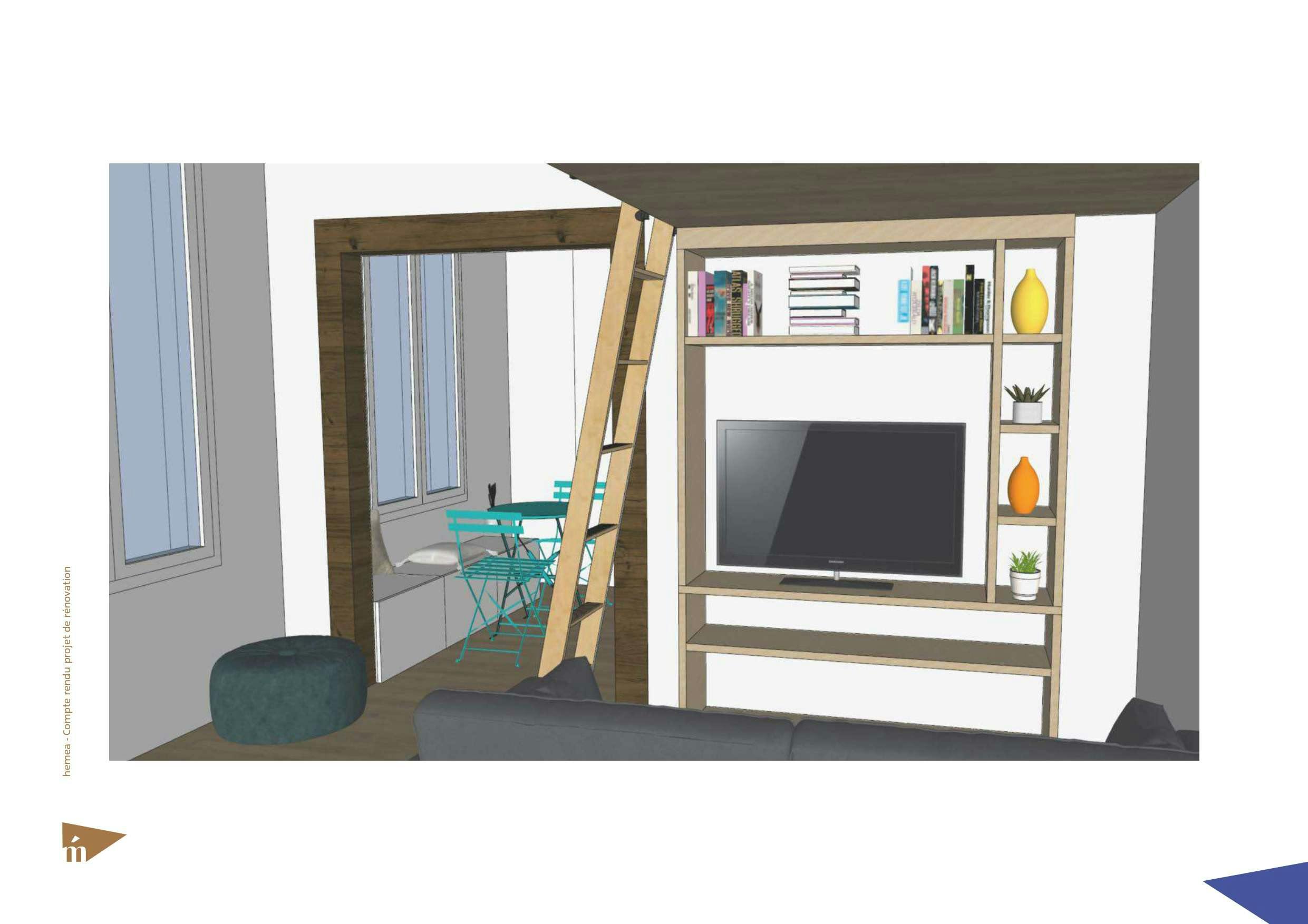 Plan 3D du coin canapé lit home staging virtuel