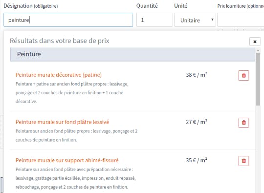 Base de prix logiciel de devis