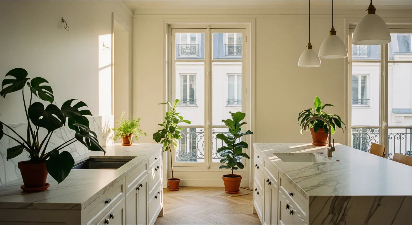 Cuisine parisienne rénovée avec placards blancs et plan de travail en marbre