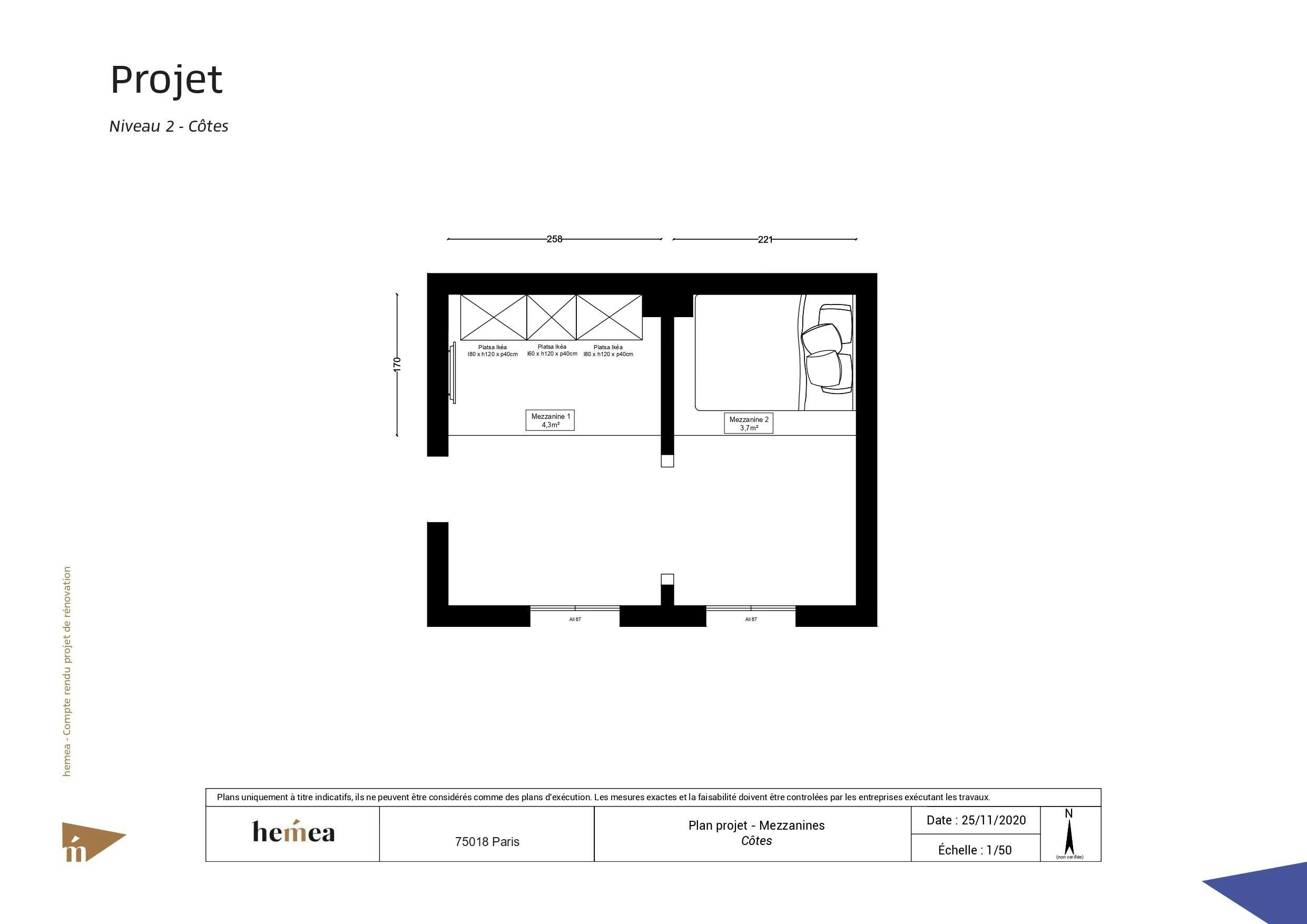 Plan niveau 2 côtes Rénovation studio de 18 m²