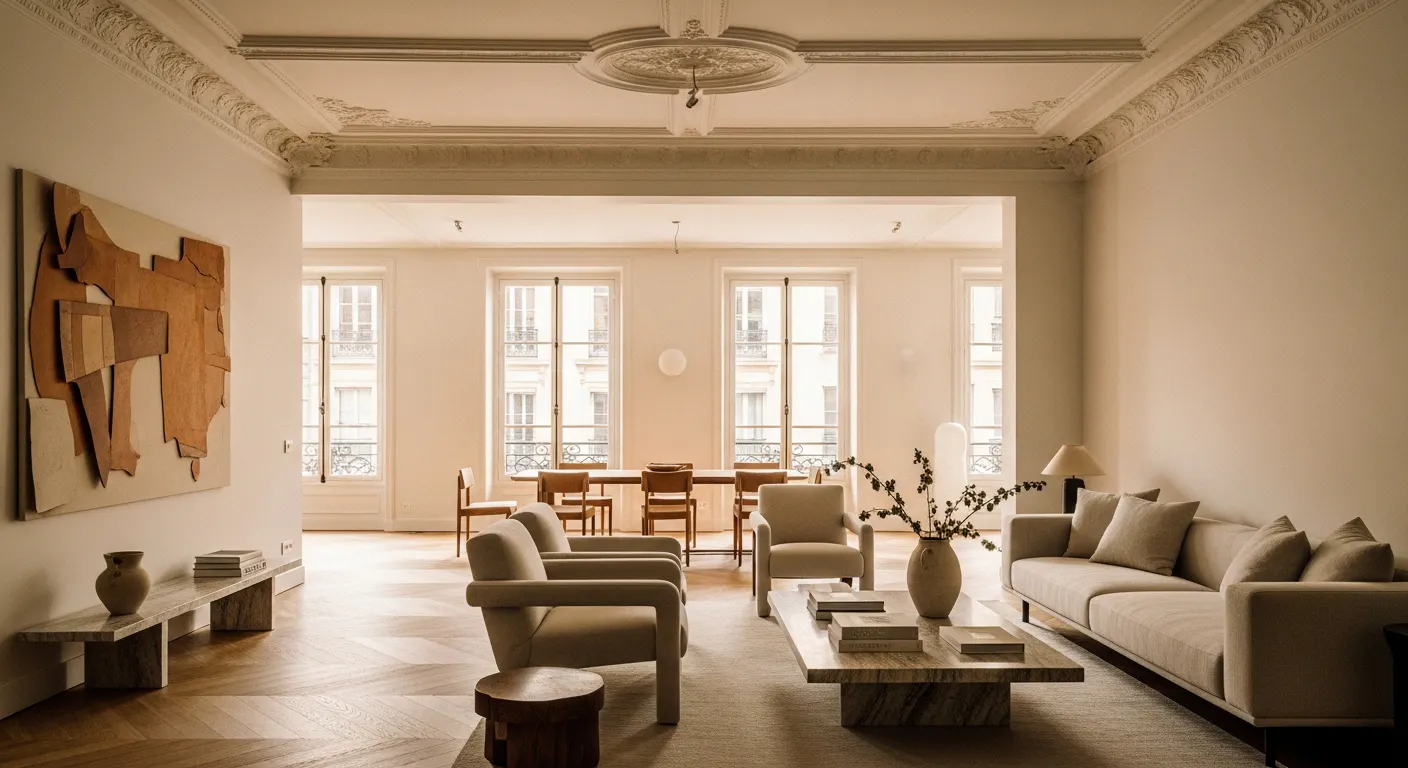 Appartement lyonnais intérieur rénové avec parquet et grandes fenêtres