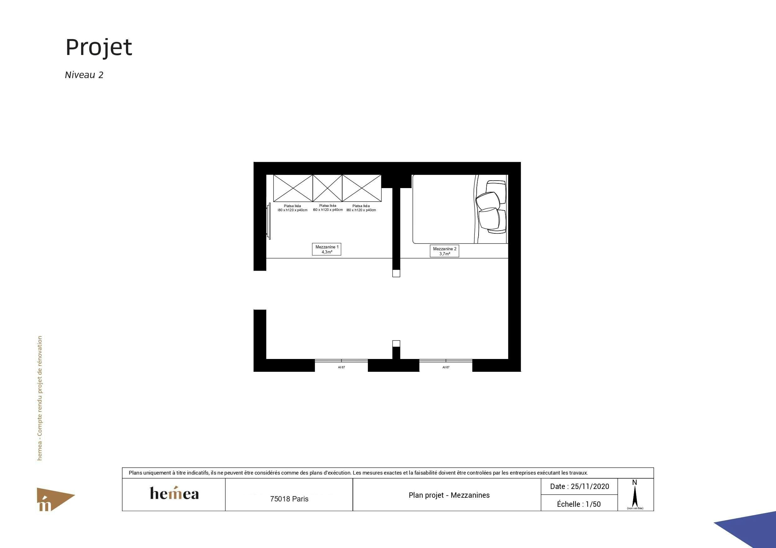 Plan niveau 2 Rénovation studio de 18 m² Paris 18