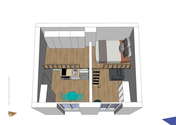 Plan 3D du studio vue d'en haut + niveau 2 mezzanine