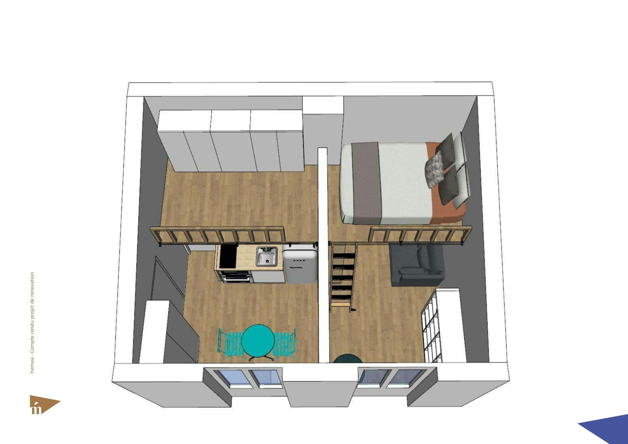 Plan 3D du studio vue d'en haut + niveau 2 mezzanine